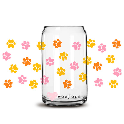 Pink Orange and Yellow Paw Prints 16oz Libbey Glass Can UV DTF or Sublimation Wrap - Decal - Weefers