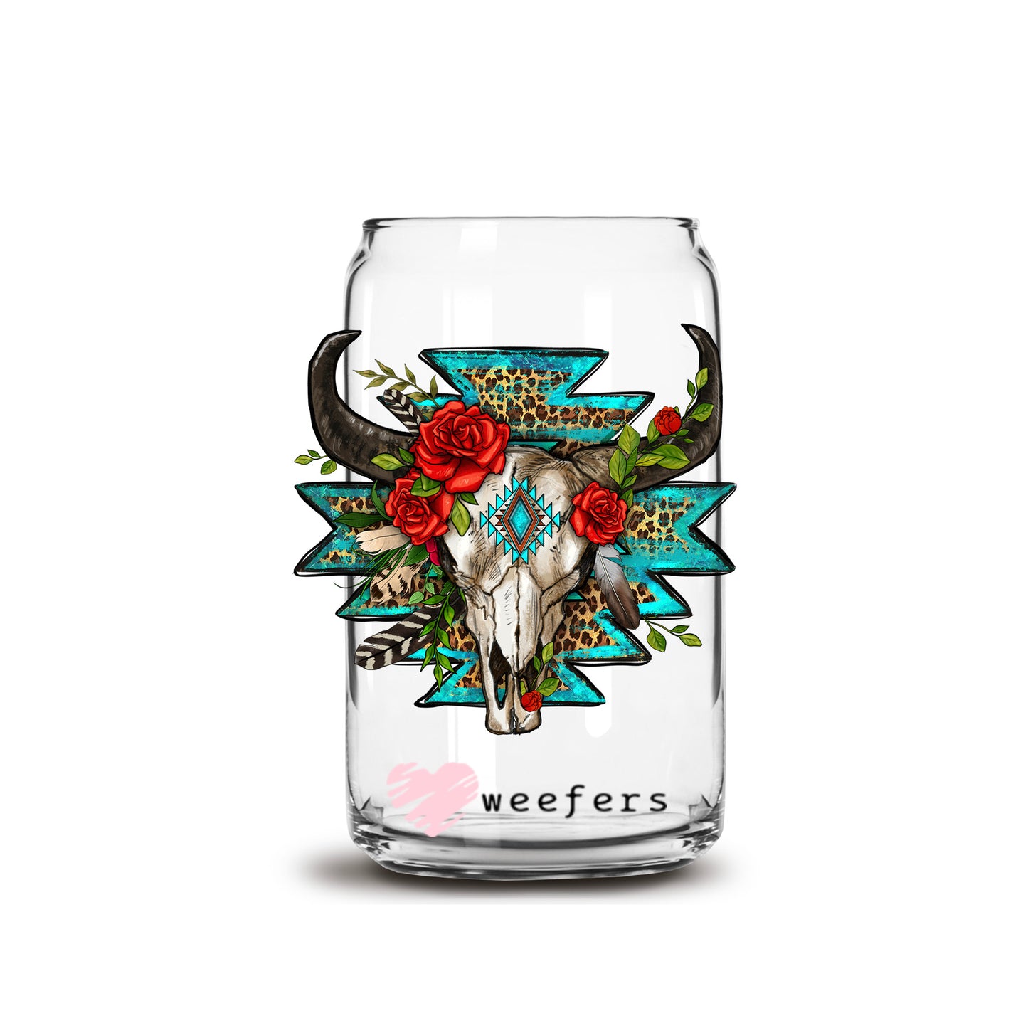 Turquoise Cow Skull 16oz Libbey Glass Can UV DTF or Sublimation Cup Wrap - Decal Transfer - Weefers