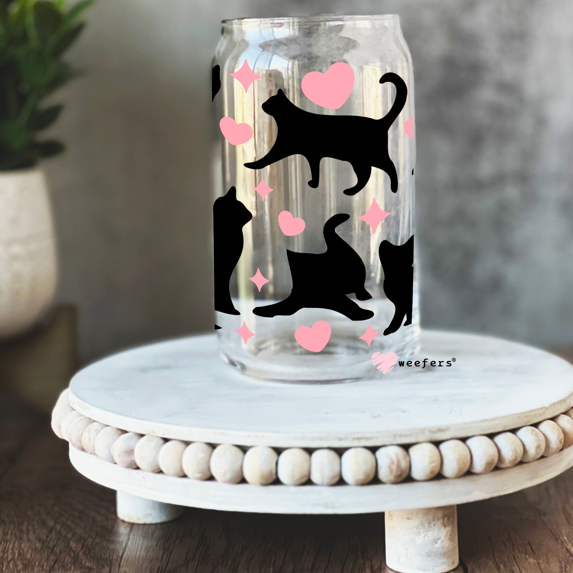 Black Cats and Pink Hearts Libbey Glass Can Wrap UV DTF Sublimation Transfers - Weefers