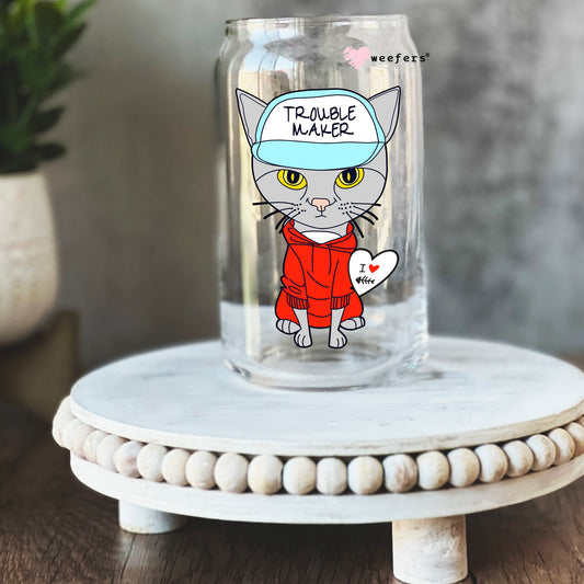 Trouble Maker Cat 16oz Libbey Glass Can UV DTF or Sublimation Cup Wrap - Decal Weefers