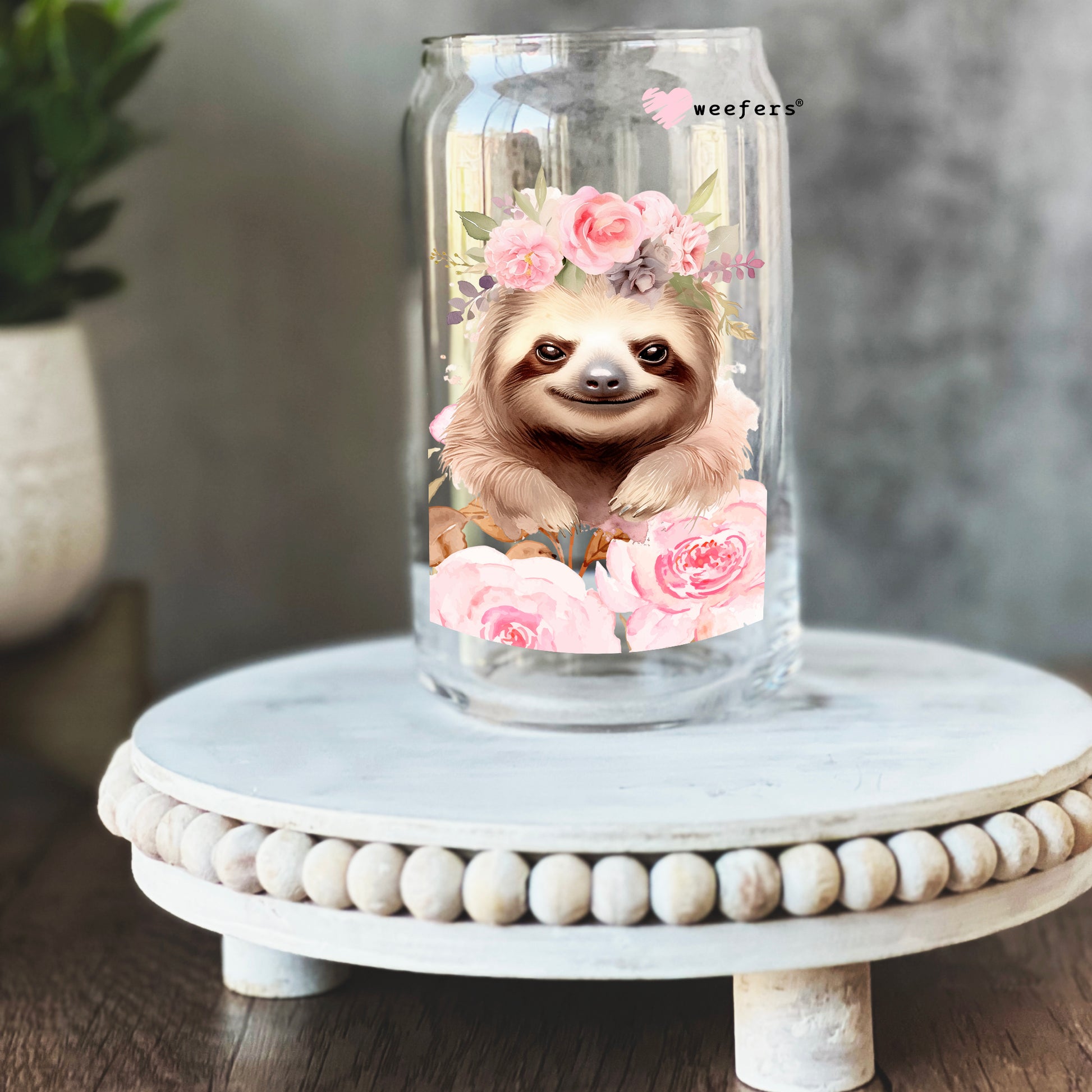 Pink Floral Sloth 16oz Libbey Glass Can UV DTF or Sublimation Cup Wrap - Decal Transfer - Weefers