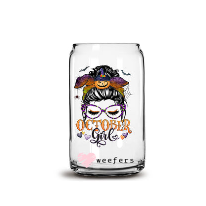 Messy Bun October Girl Birthday Month 16oz Libbey Glass Can UV DTF or Sublimation Wrap - Decal - Weefers