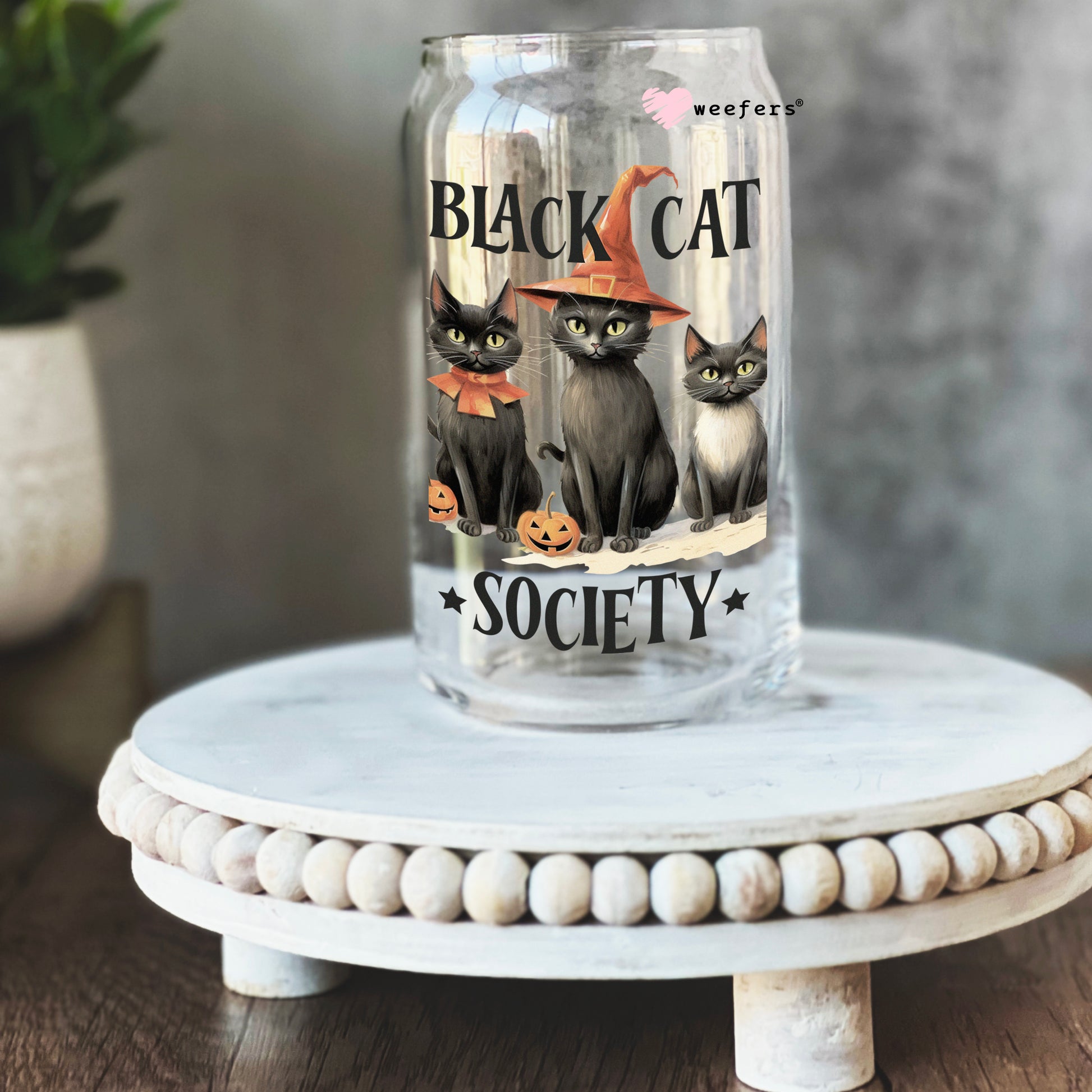 Black Cat Society Halloween 16oz Libbey Glass Can UV DTF or Sublimation Wrap - Decal - Weefers