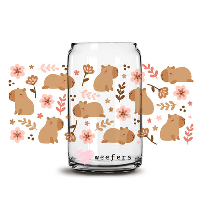 Capybara and flowers 16oz Libbey Glass Can UV DTF or Sublimation Cup Wrap - Decal Transfer - Weefers