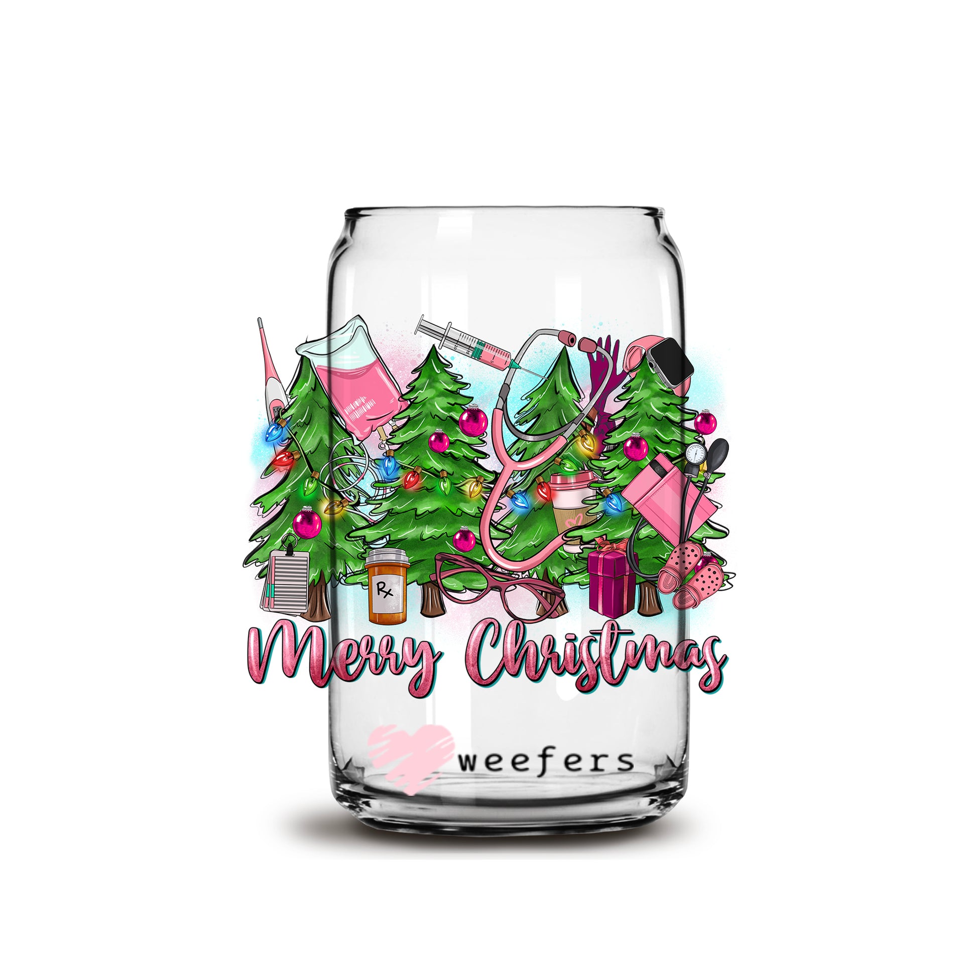 Merry Christmas Pink Nurse 16oz Libbey Glass Can UV DTF or Sublimation Wrap - Decal - Weefers