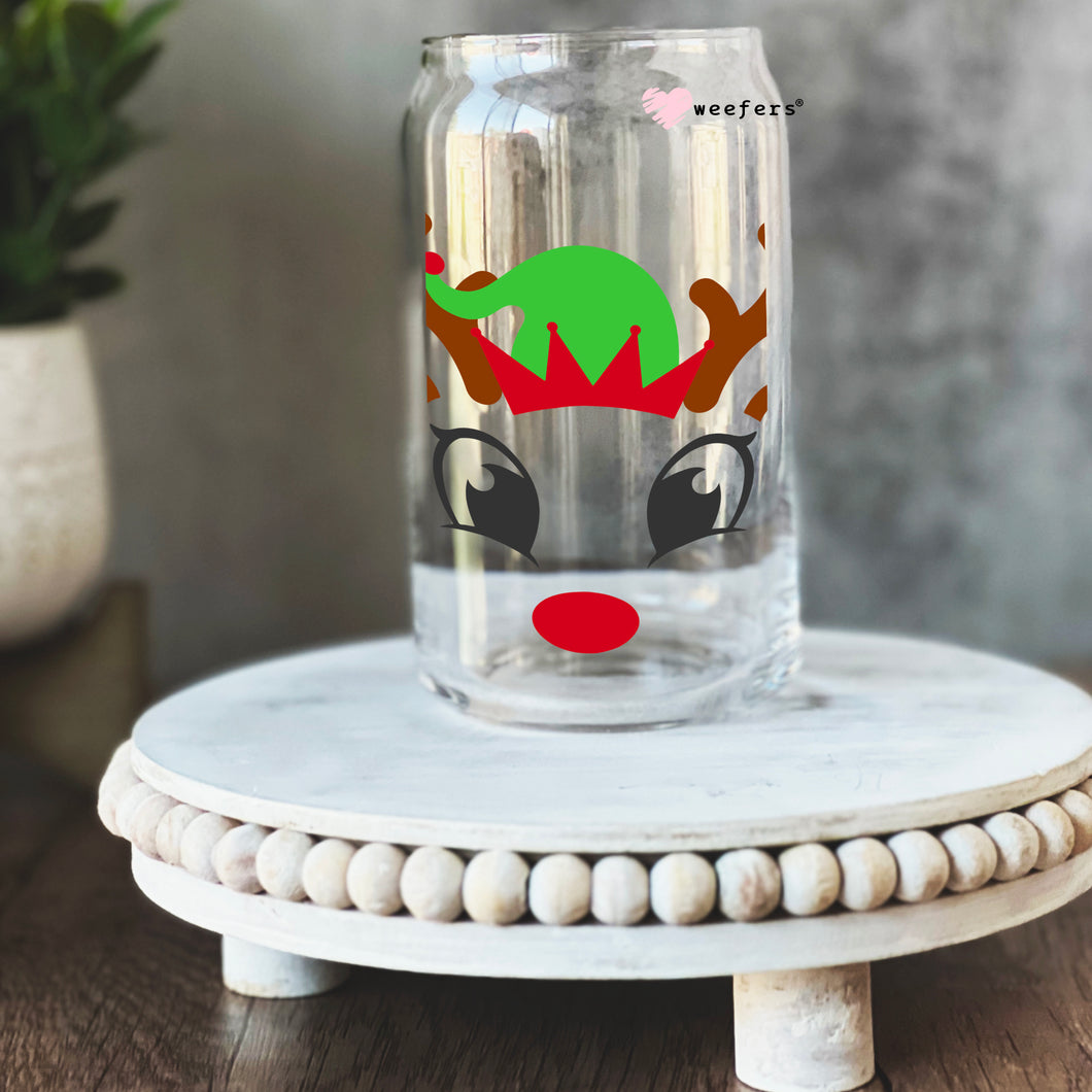 Elf Christmas Reindeer Face 16oz Libbey Glass Can UV-DTF or Sublimation Wrap - Decal