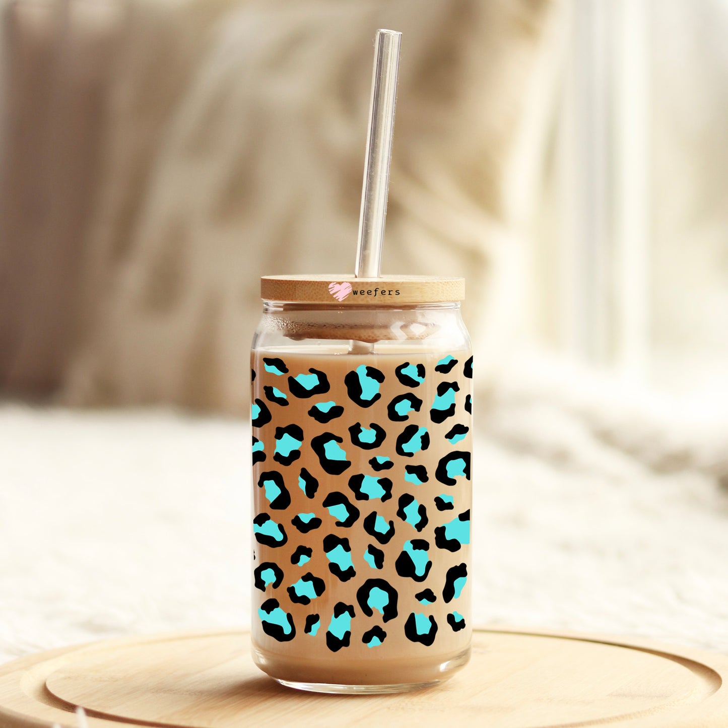 Turquoise Leopard 16oz Libbey Glass Can UV DTF or Sublimation Cup Wrap - Decal Transfer - Weefers