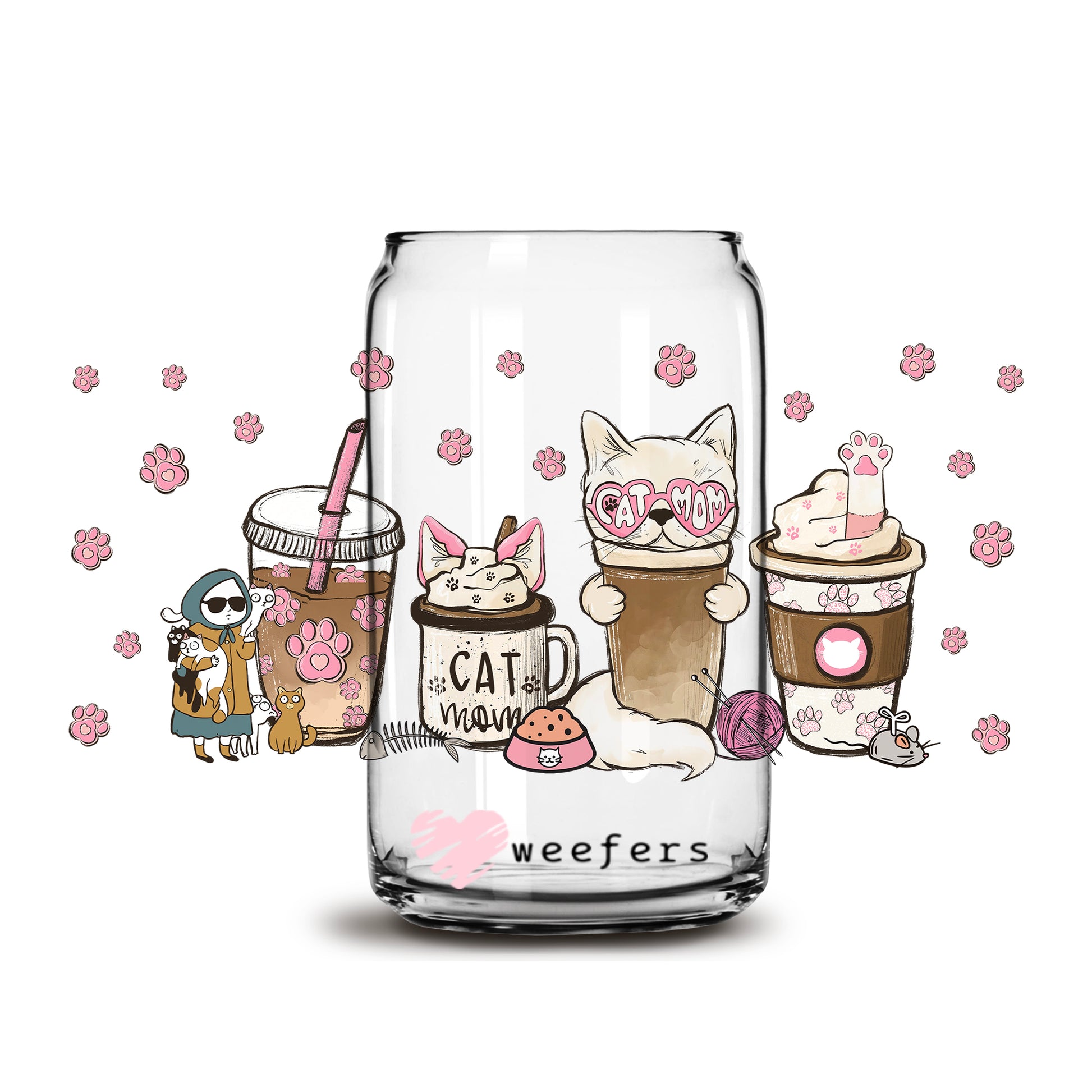 Cat Mom Pink Latte 16oz Libbey Glass Can UV DTF or Sublimation Wrap - Decal - Weefers