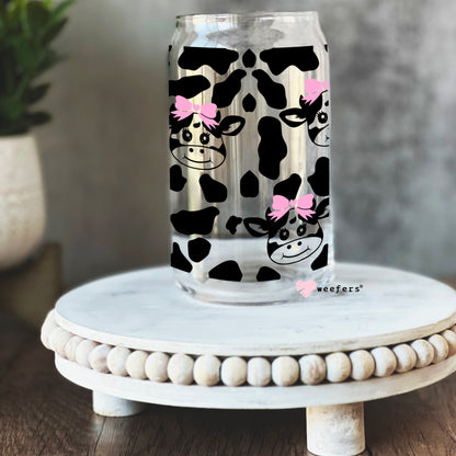 Cute Pink Black Cow Print 16oz Libbey Glass Can UV DTF or Sublimation Wrap - Decal - Weefers