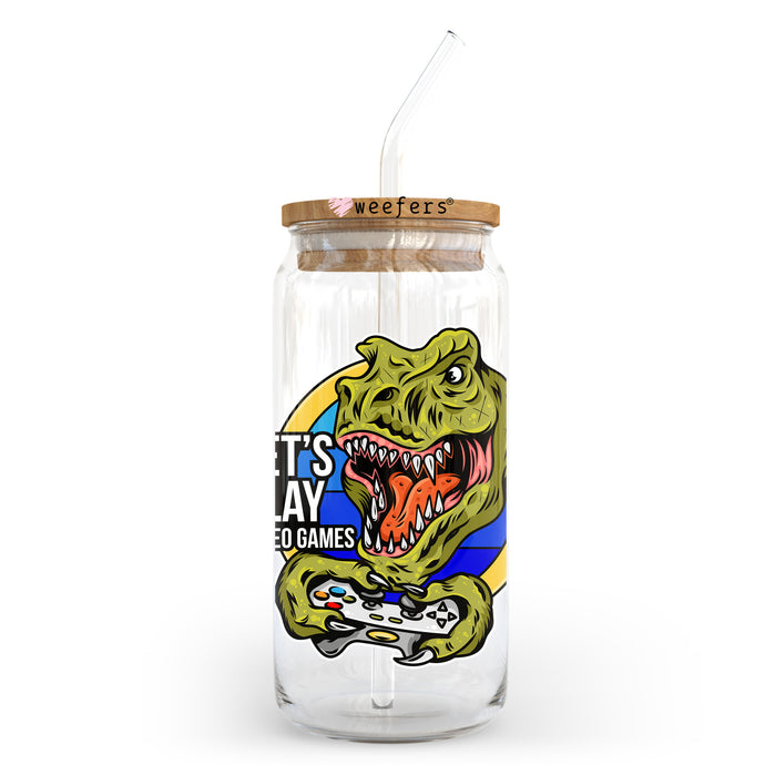 a glass jar with a dinosaur on it