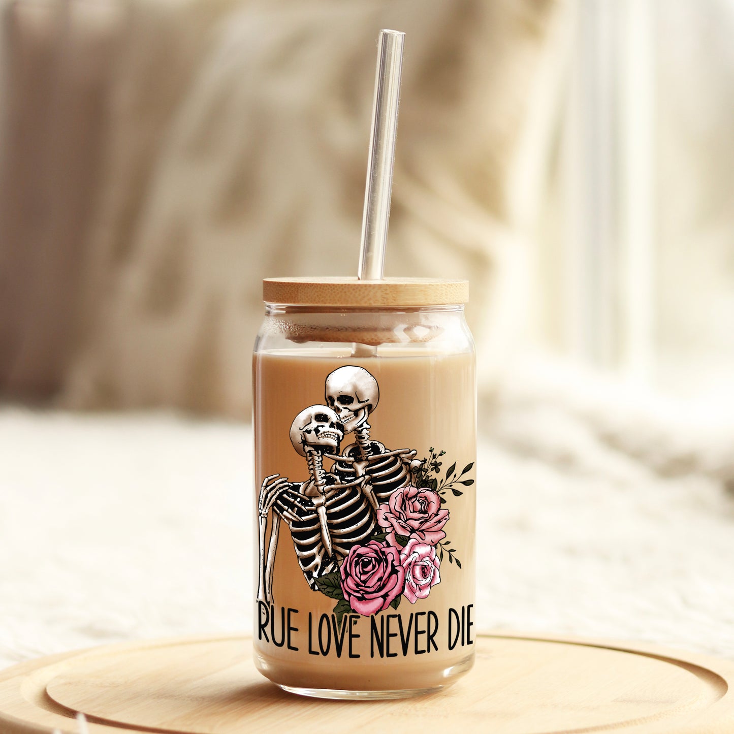 True Love Never Dies Valentine's Day 16oz Libbey Glass Can UV DTF or Sublimation Cup Wrap - Decal Transfer - Weefers