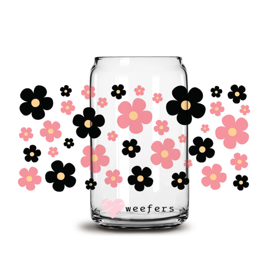 Retro Flowers Coral and Black 16oz Libbey Glass Can UV DTF or Sublimation Wrap - Decal - Weefers