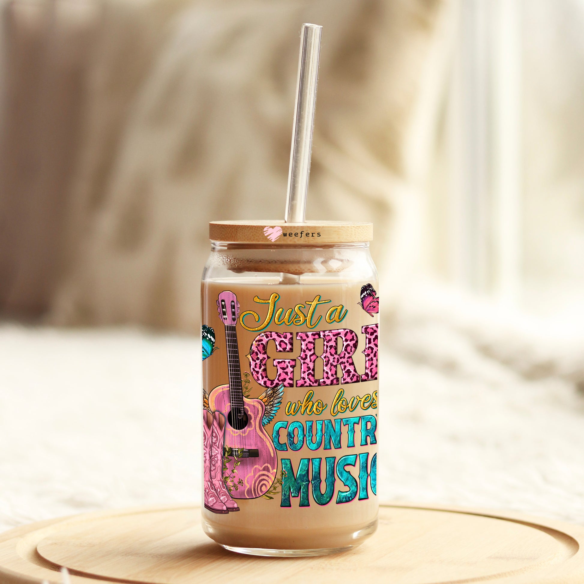 Just a Girl Who Loves Country Music 16oz Libbey Glass Can UV DTF or Sublimation Cup Wrap - Decal Transfer - Weefers