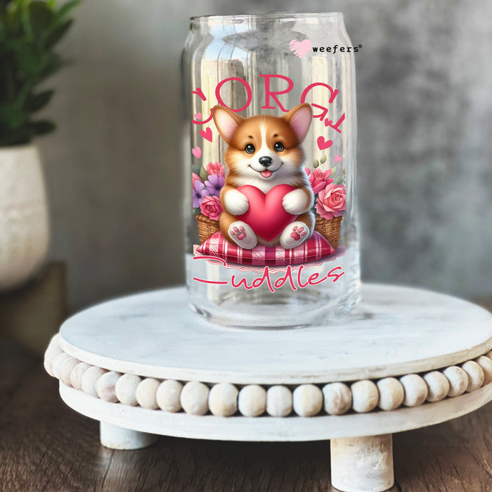 a glass jar with a picture of a corgi holding a heart