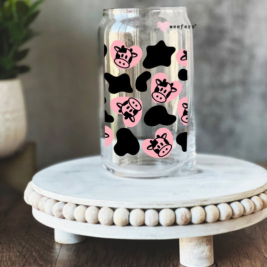 Pink and Black Cows Print 16oz Libbey Glass Can UV DTF or Sublimation Cup Wrap - Decal Transfer - Weefers