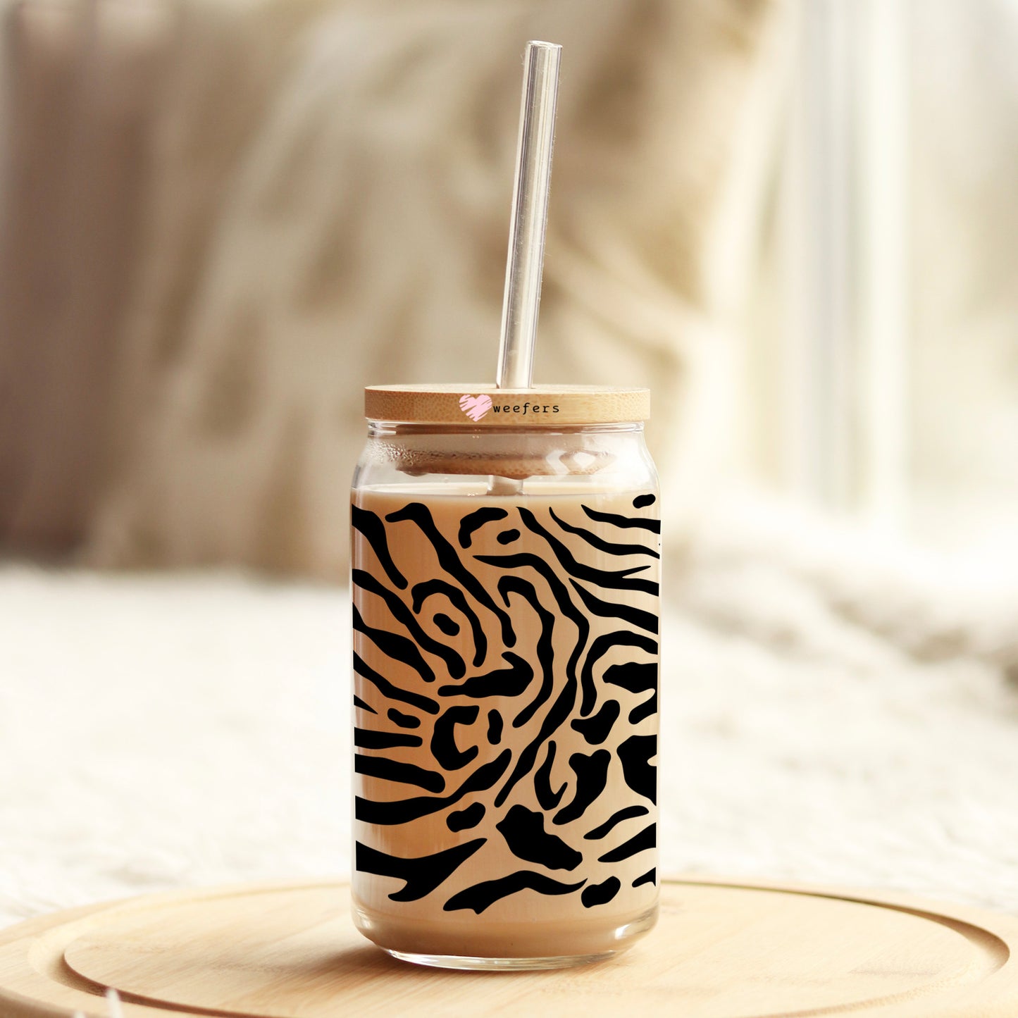 Black Zebra Print 16oz Libbey Glass Can UV DTF or Sublimation Cup Wrap - Decal Transfer - Weefers