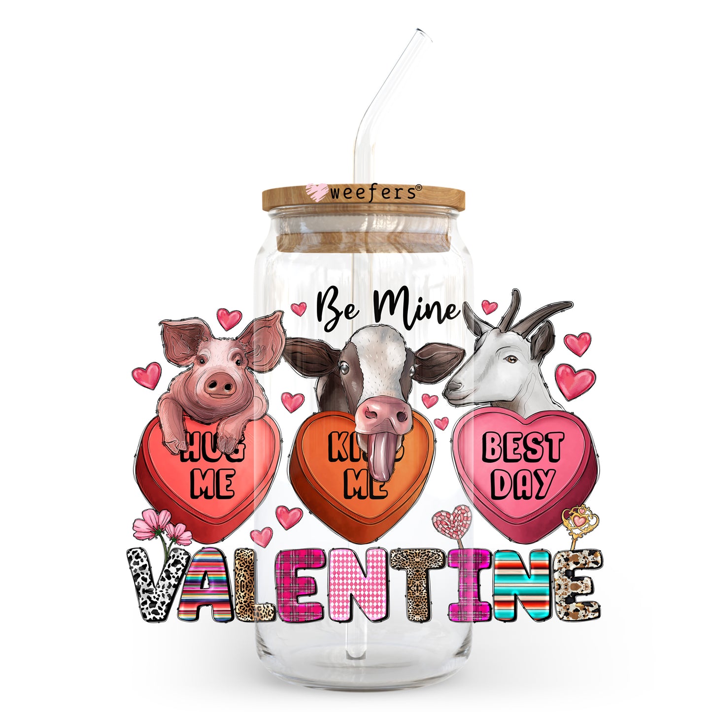 Be Mine Valentine Cows 20oz Libbey Glass Can UV DTF or Sublimation Wrap - Decal Transfer - Weefers