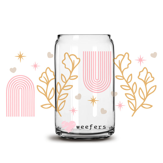 Pink Rainbow and Gold Leaves 16oz Libbey Glass Can UV DTF or Sublimation Cup Wrap - Decal Transfer - Weefers