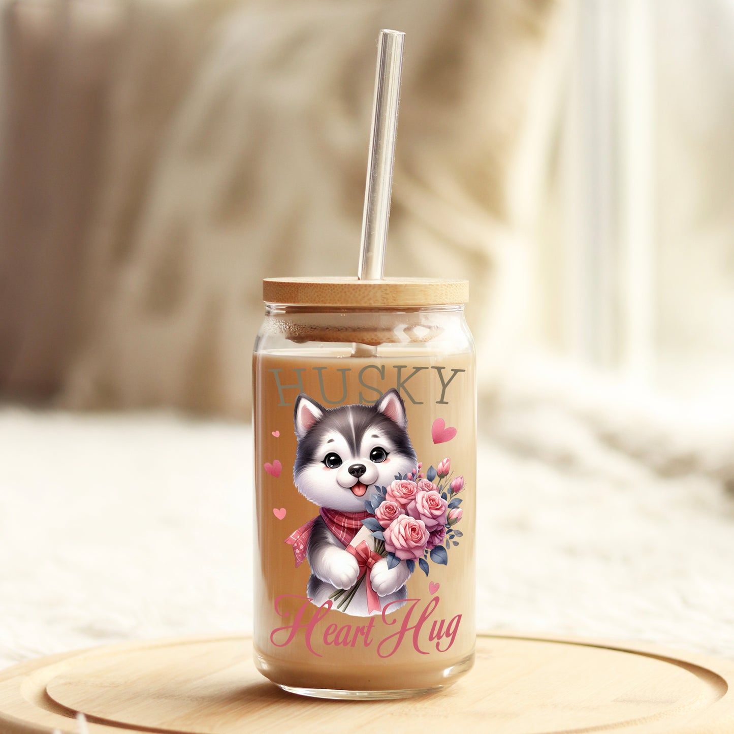 Husky Heart Hug Valentine's Day 16oz Libbey Glass Can UV DTF or Sublimation Cup Wrap - Decal Transfer - Weefers