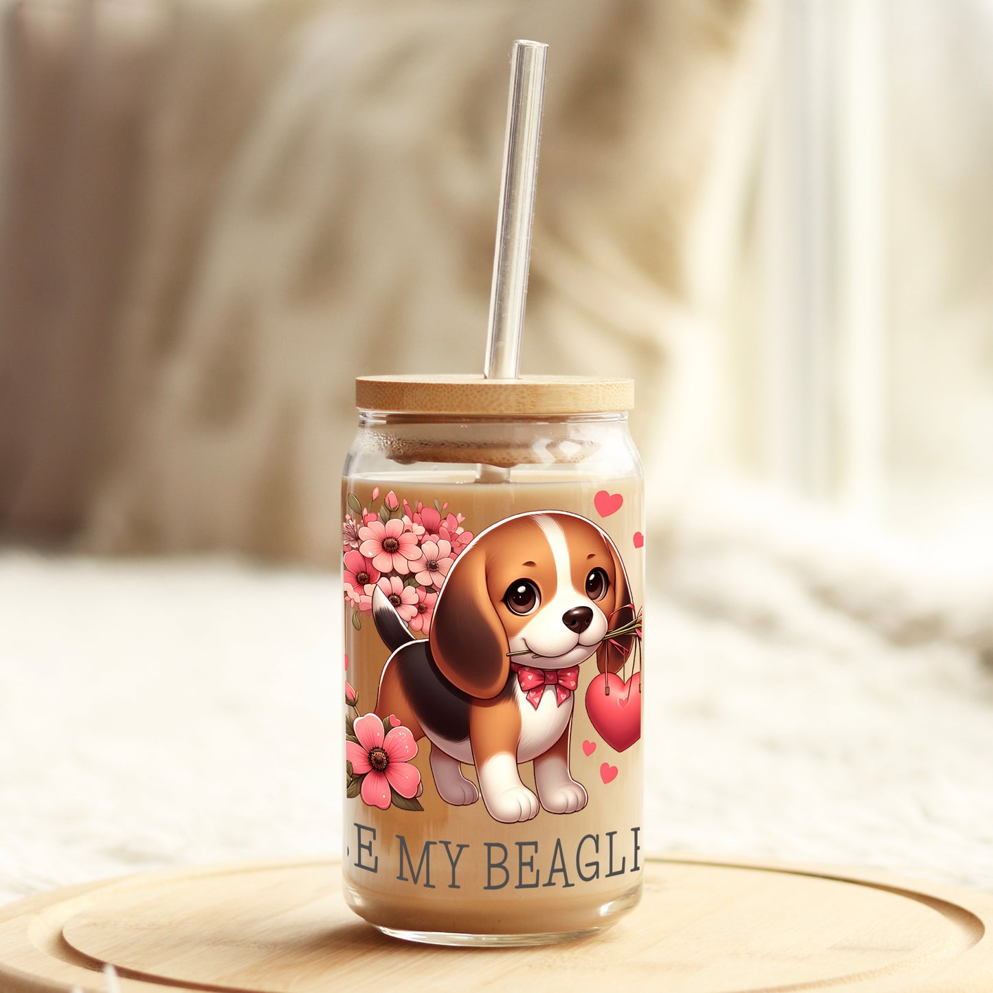 Be My Beagle Valentine's Day 16oz Libbey Glass Can UV DTF or Sublimation Cup Wrap - Decal Transfer - Weefers