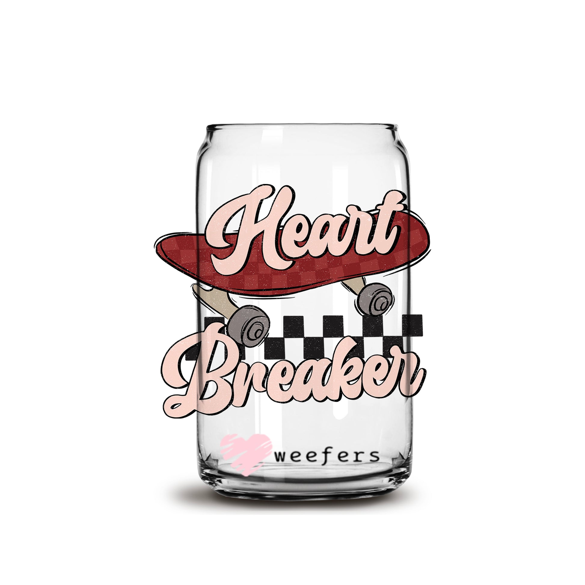 Heart Breaker Skateboard Valentine's Day 16oz Libbey Glass Can UV DTF or Sublimation Cup Wrap - Decal Transfer - Weefers