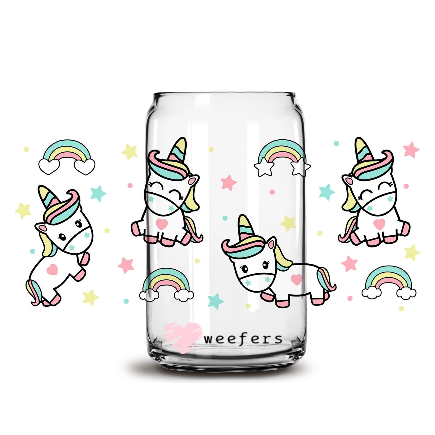 Rainbow Unicorn 16oz Libbey Glass Can UV DTF or Sublimation Wrap - Decal - Weefers