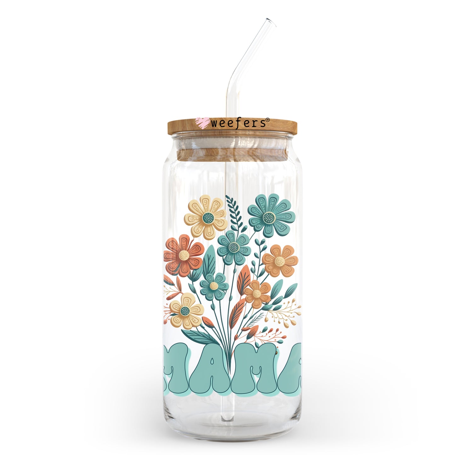 Mama Teal Floral 20oz Libbey Glass Can UV DTF or Sublimation Wrap - Decal - Weefers