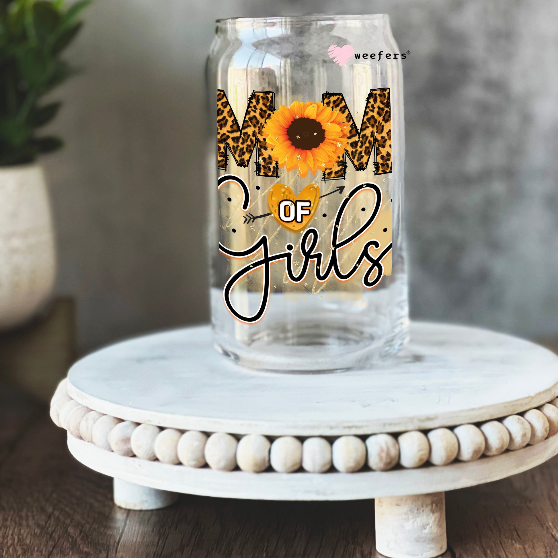 Mom of Girls Cheetah Sunflower 16oz Libbey Glass Can UV DTF or Sublimation Wrap - Decal - Weefers