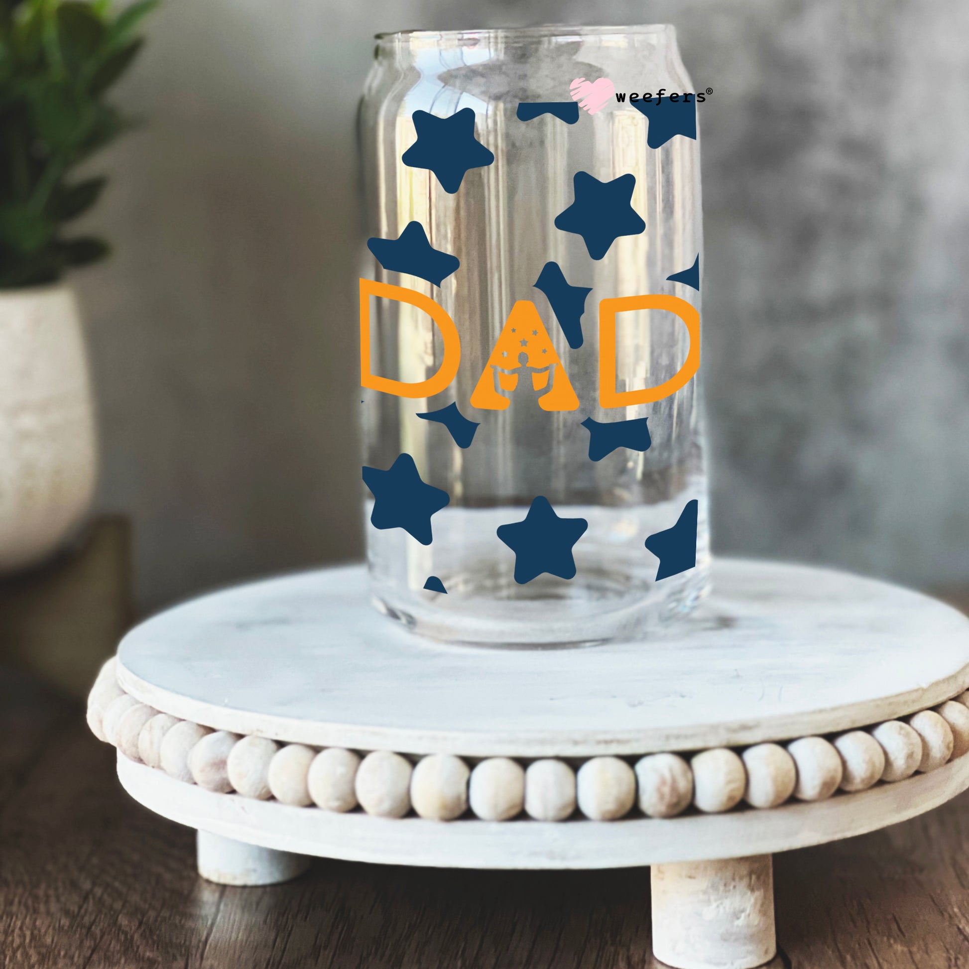 Father's Day Dad Blue Stars 16oz Libbey Glass Can UV DTF or Sublimation Wrap - Decal - Weefers