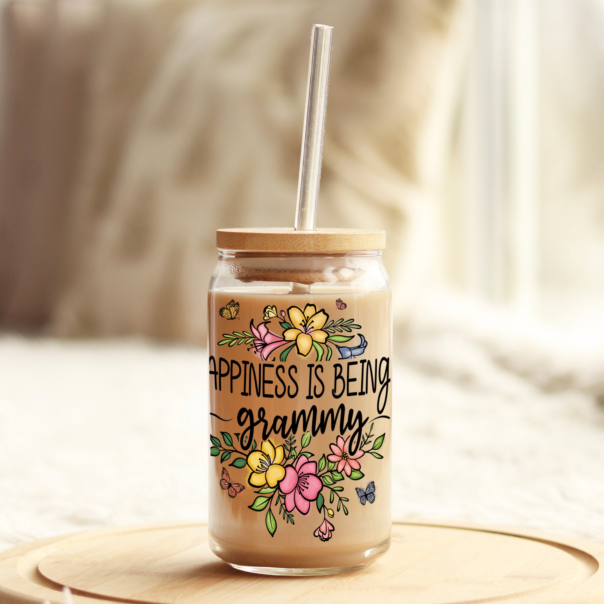 Happiness is being a Grammy 16oz Libbey Glass Can UV DTF or Sublimation Cup Wrap - Decal Transfer - Weefers