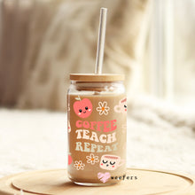 Load image into Gallery viewer, Kawaii Coffee Teach Repeat 16oz Libbey Glass Can UV-DTF or Sublimation Wrap - Decal
