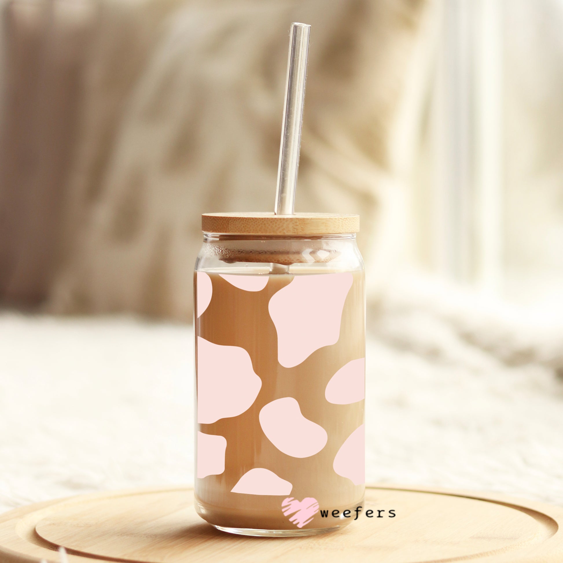 Blush Cow Print 16oz Libbey Glass Can UV DTF or Sublimation Wrap - Decal - Weefers