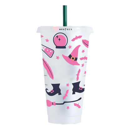 Pink and Black Witch Halloween 24oz UV DTF Cold Cup Wrap - Ready to apply Wrap - HOLE - Weefers