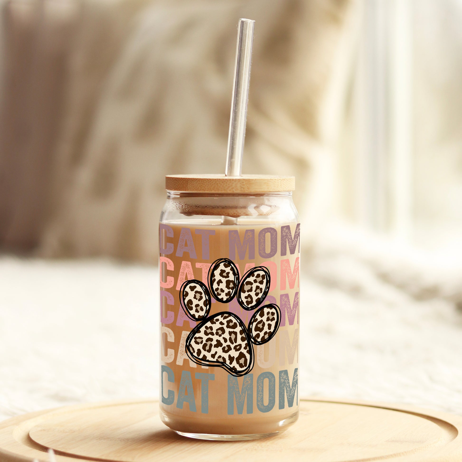 Cat Mom Leopard Paw 16oz Libbey Glass Can UV DTF or Sublimation Cup Wrap - Decal Transfer Weefers