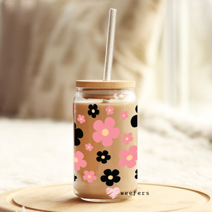 Retro Flowers Coral and Black 16oz Libbey Glass Can UV DTF or Sublimation Wrap - Decal - Weefers