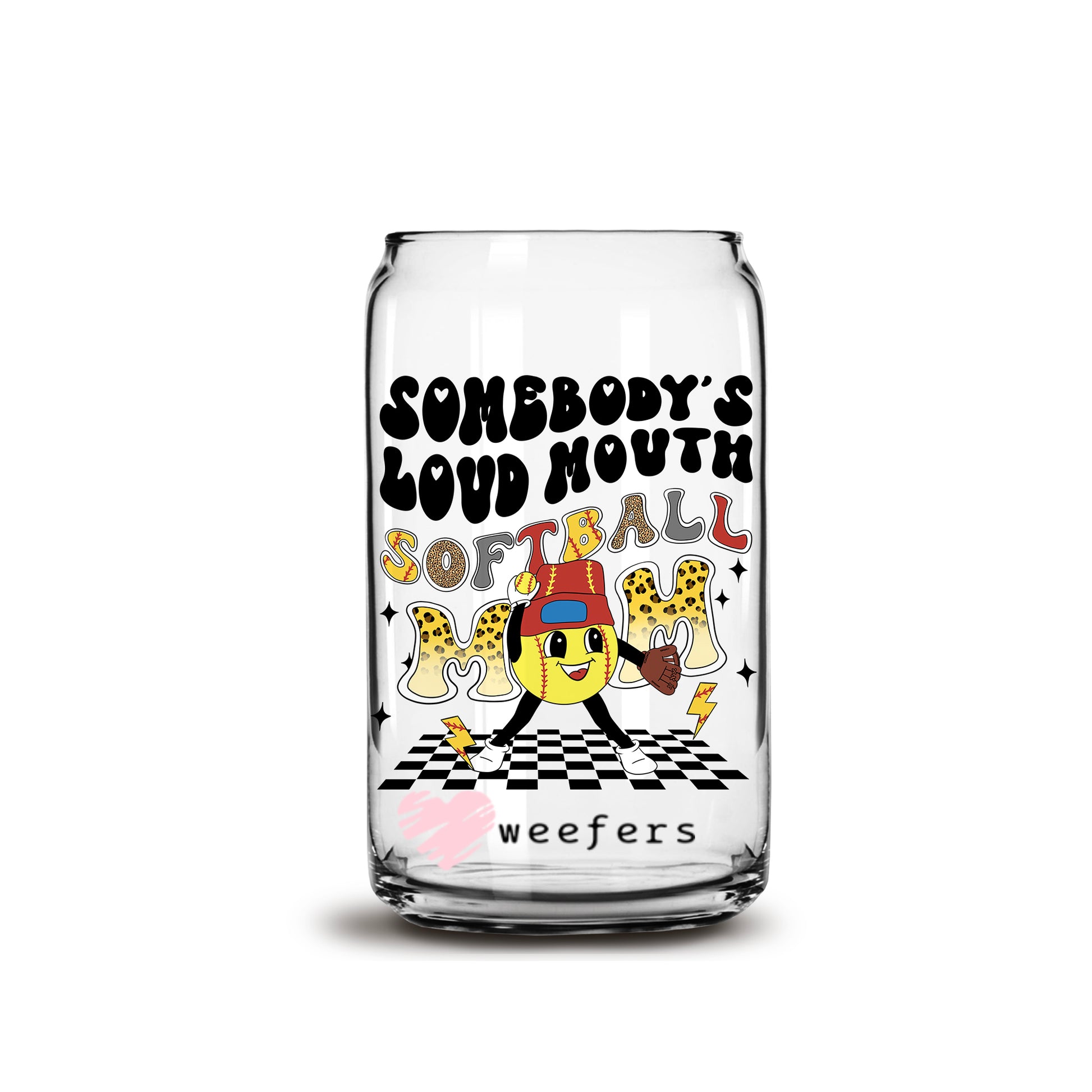 Somebody's Loud Mouth Softball Mom Retro 16oz Libbey Glass Can UV DTF or Sublimation Wrap - Decal - Weefers