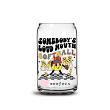 Load image into Gallery viewer, Somebody&#39;s Loud Mouth Softball Mom Retro 16oz Libbey Glass Can UV-DTF or Sublimation Wrap - Decal
