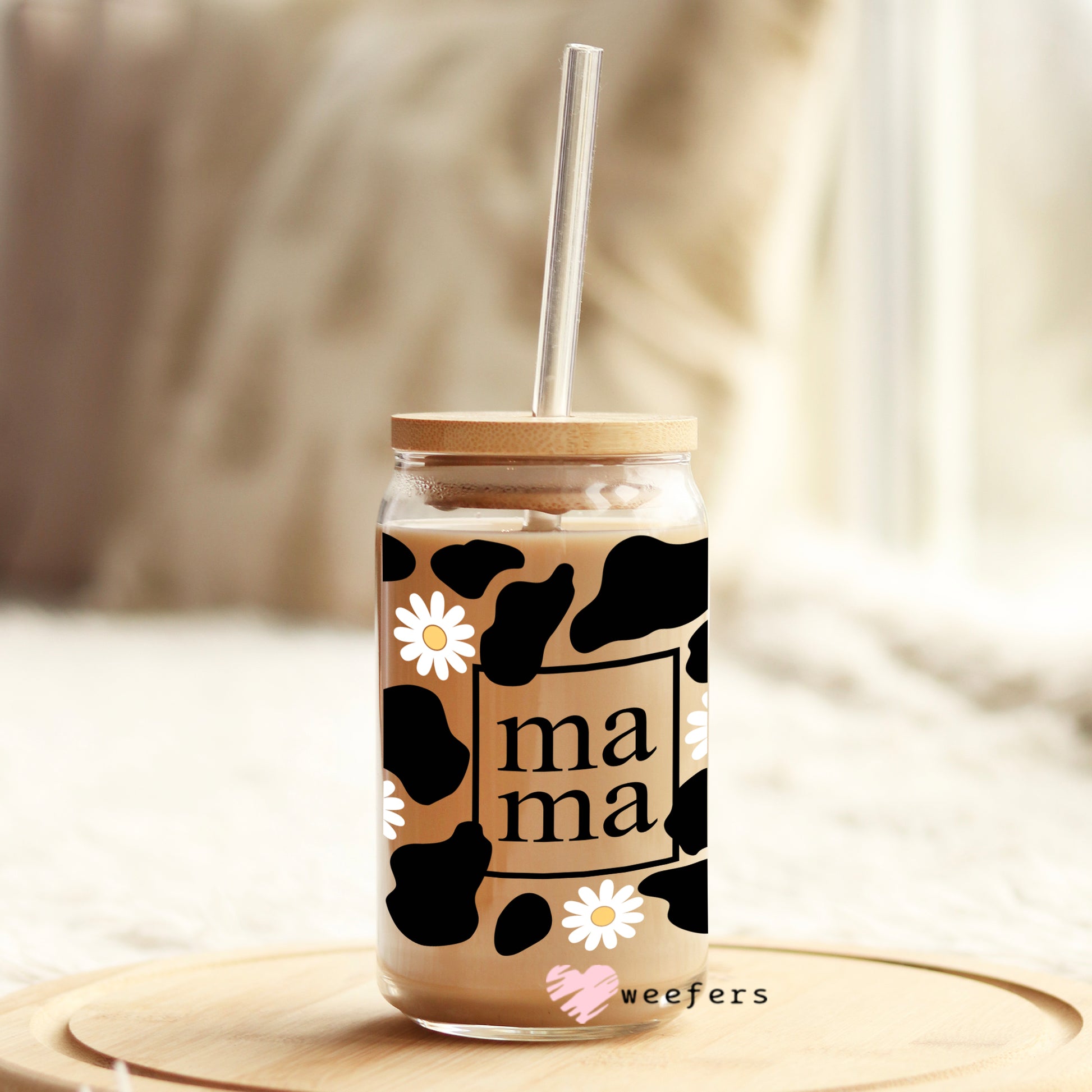 Mama Black Cow Print and Daisies 16oz Libbey Glass Can UV DTF or Sublimation Wrap - Decal - Weefers