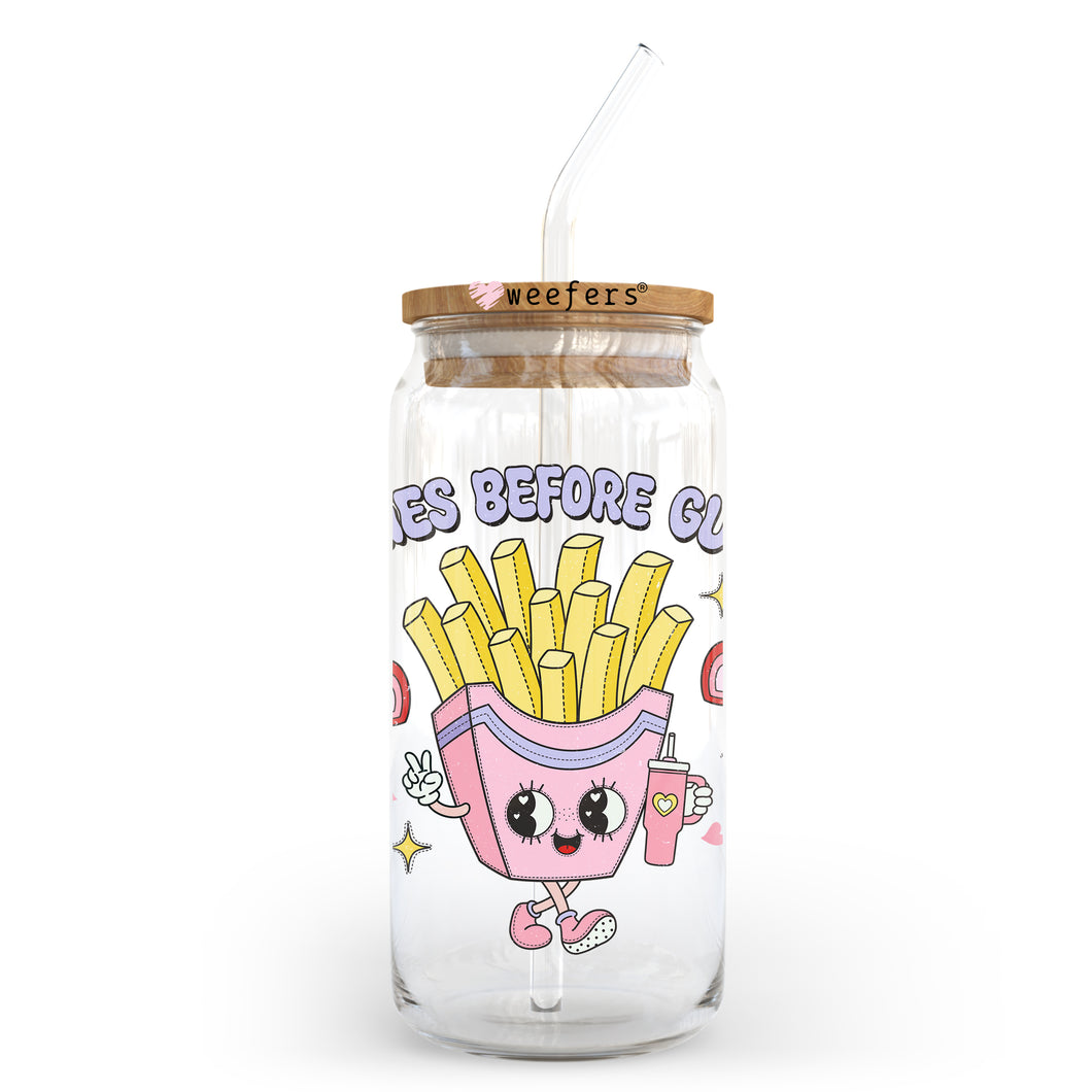 a glass jar filled with french fries on a white background