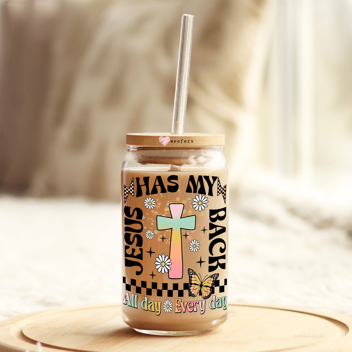 Jesus Has My Back 16oz Libbey Glass Can UV DTF or Sublimation Cup Wrap - Decal Transfer - Weefers