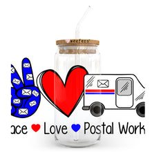Load image into Gallery viewer, Peace Love Postal Worker 20oz Libbey Glass Can, 34oz Hip Sip, 40oz Tumbler UVDTF or Sublimation Decal Transfer
