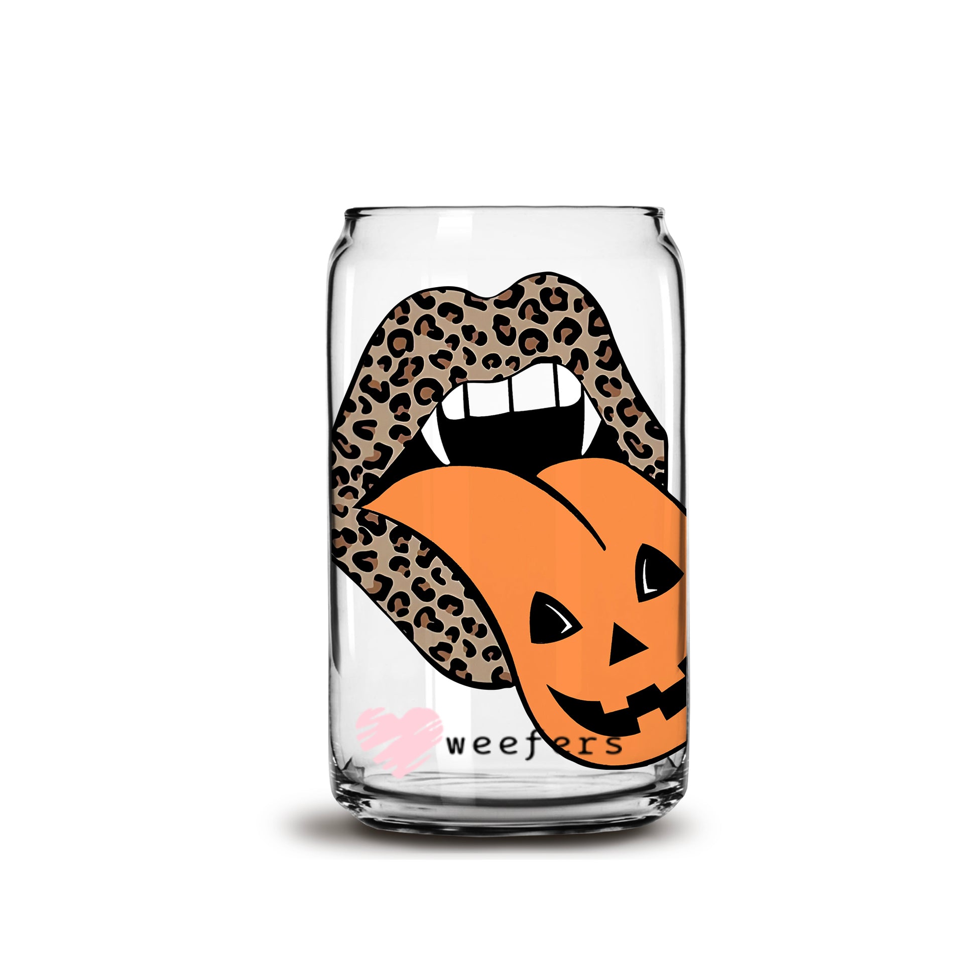 Leopard Pumpkin Lips Halloween 16oz Libbey Glass Can UV DTF or Sublimation Wrap - Decal - Weefers