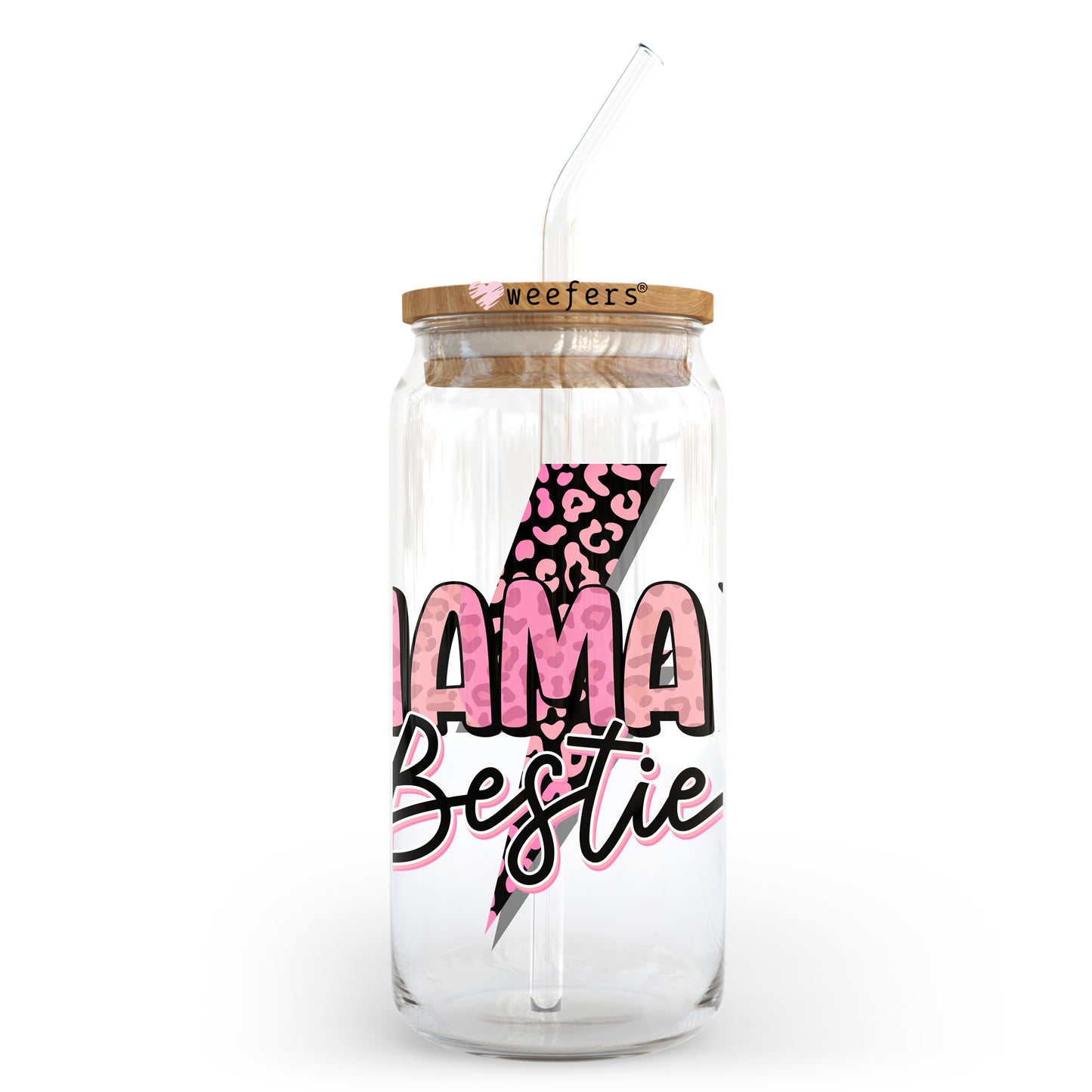 Pink Mama's Bestie Lightening 20oz Libbey Glass Can UV DTF or Sublimation Wrap - Decal Transfer - Weefers