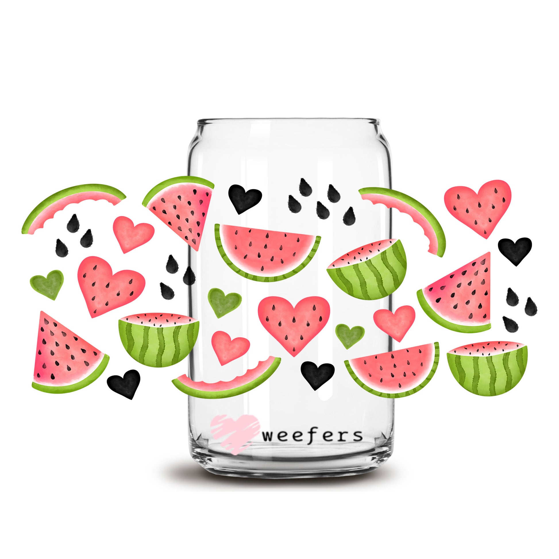 Watermelon Hearts 16oz Libbey Glass Can UV DTF or Sublimation Cup Wrap - Decal Transfer - Weefers