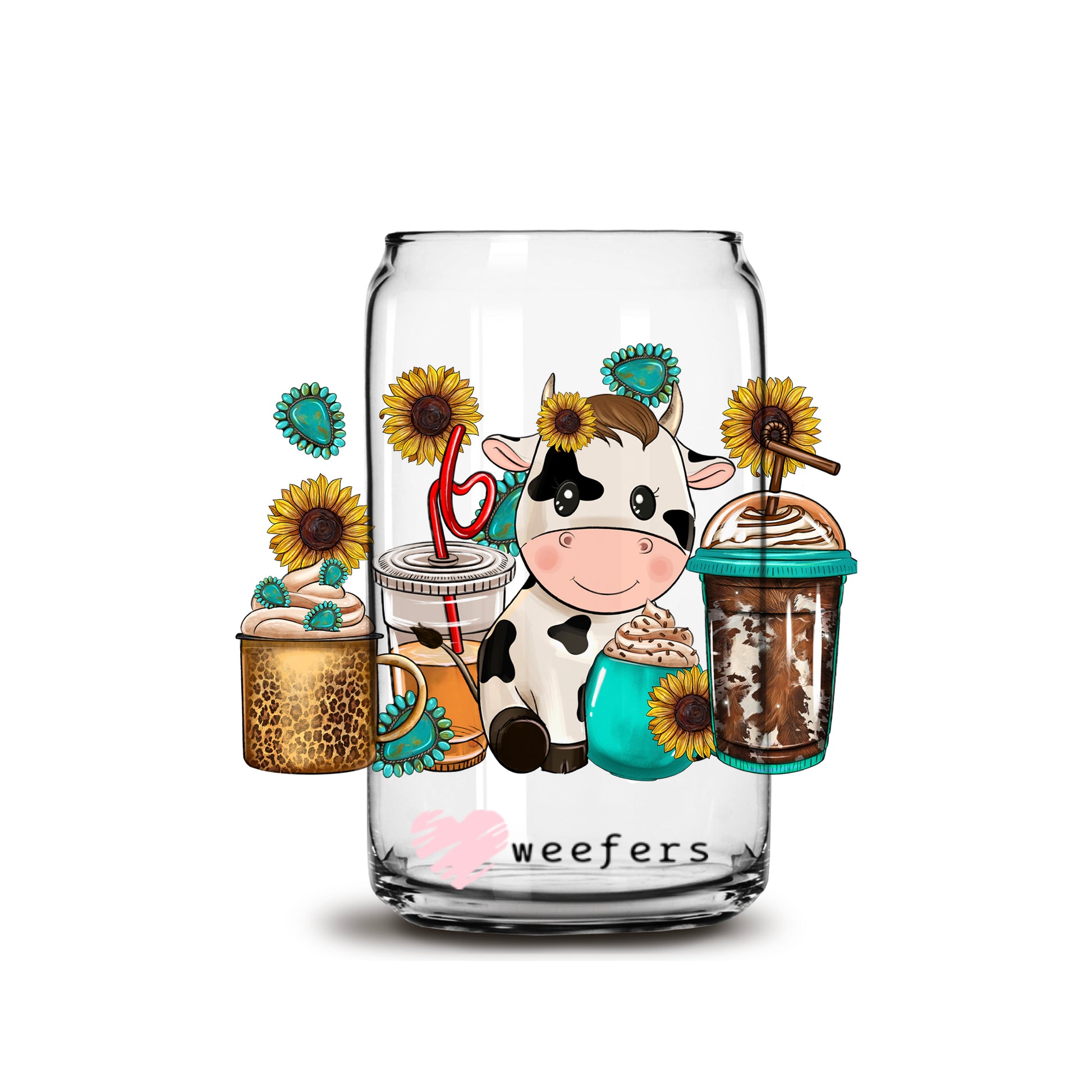 Western Sunflower Cow Libbey Glass Can UV DTF or Sublimation Wrap - Decal - Weefers