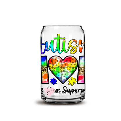 Autism Mom What's Your SuperPower? 16oz Libbey Glass Can UV DTF or Sublimation Wrap - Decal - Weefers