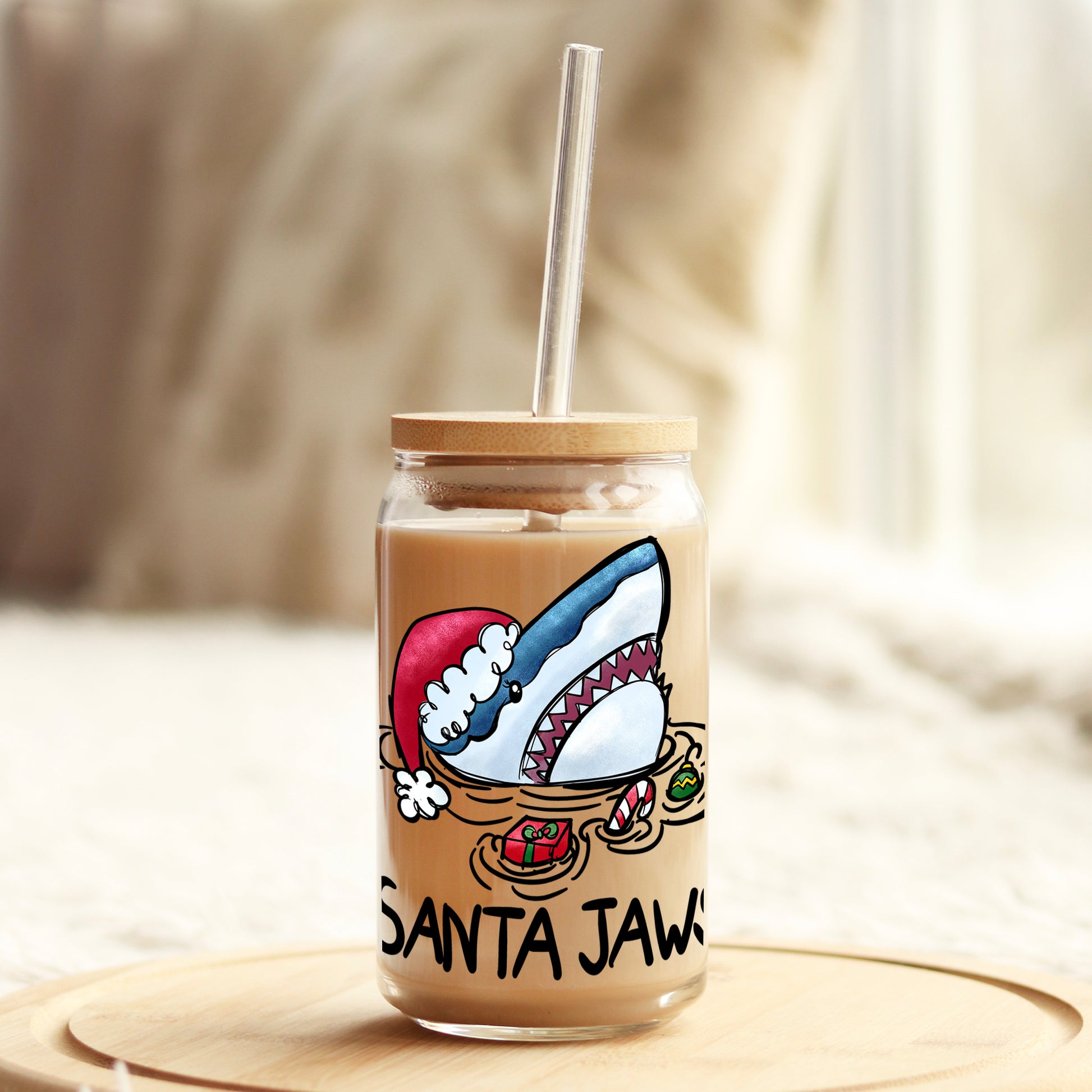 Santa Jaws Christmas 16oz Libbey Glass Can UV DTF or Sublimation Cup Wrap - Decal Transfer - Weefers