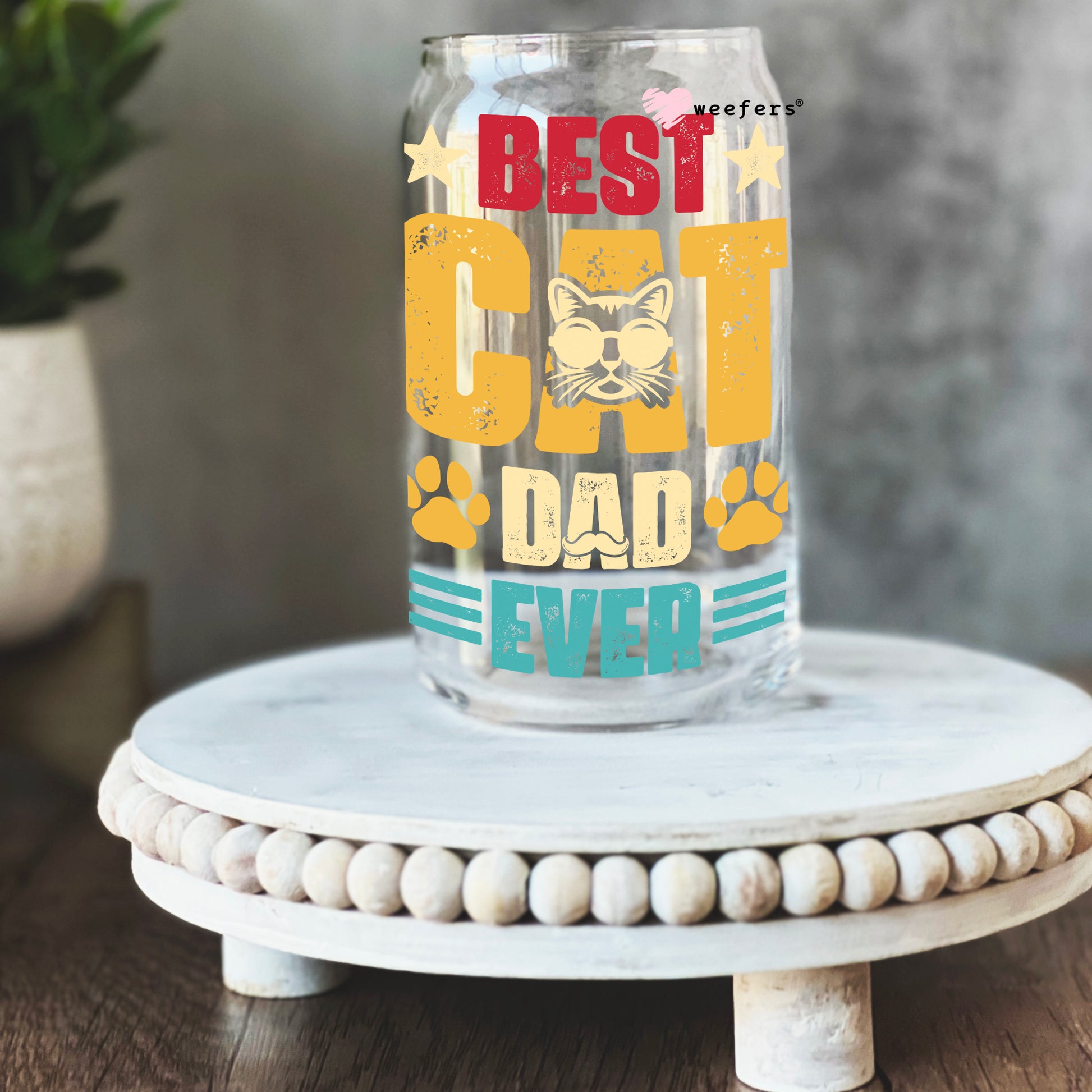 Father's Dad Best Cat Dad Ever 16oz Libbey Glass Can UV DTF or Sublimation Wrap - Decal - Weefers