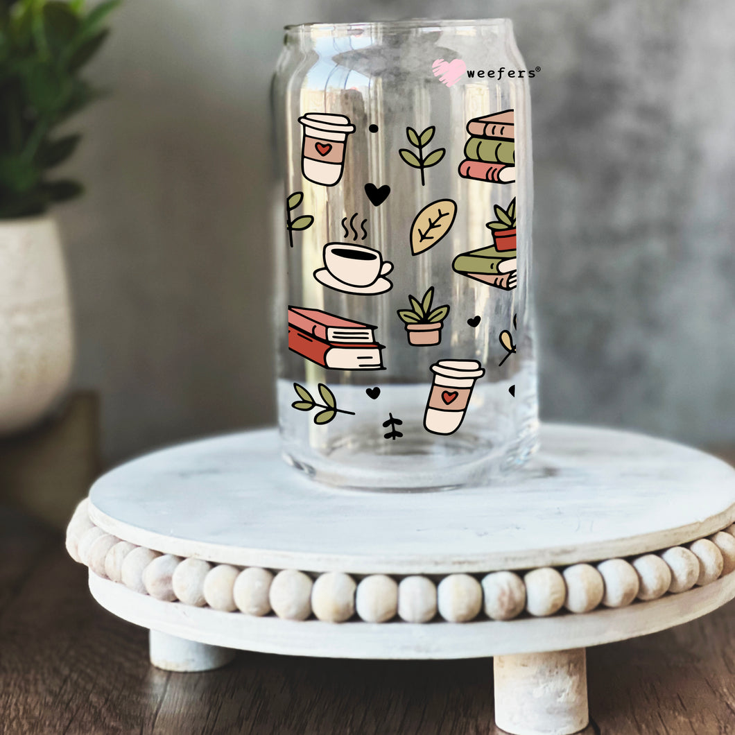 a glass jar with a picture of coffee and books on it