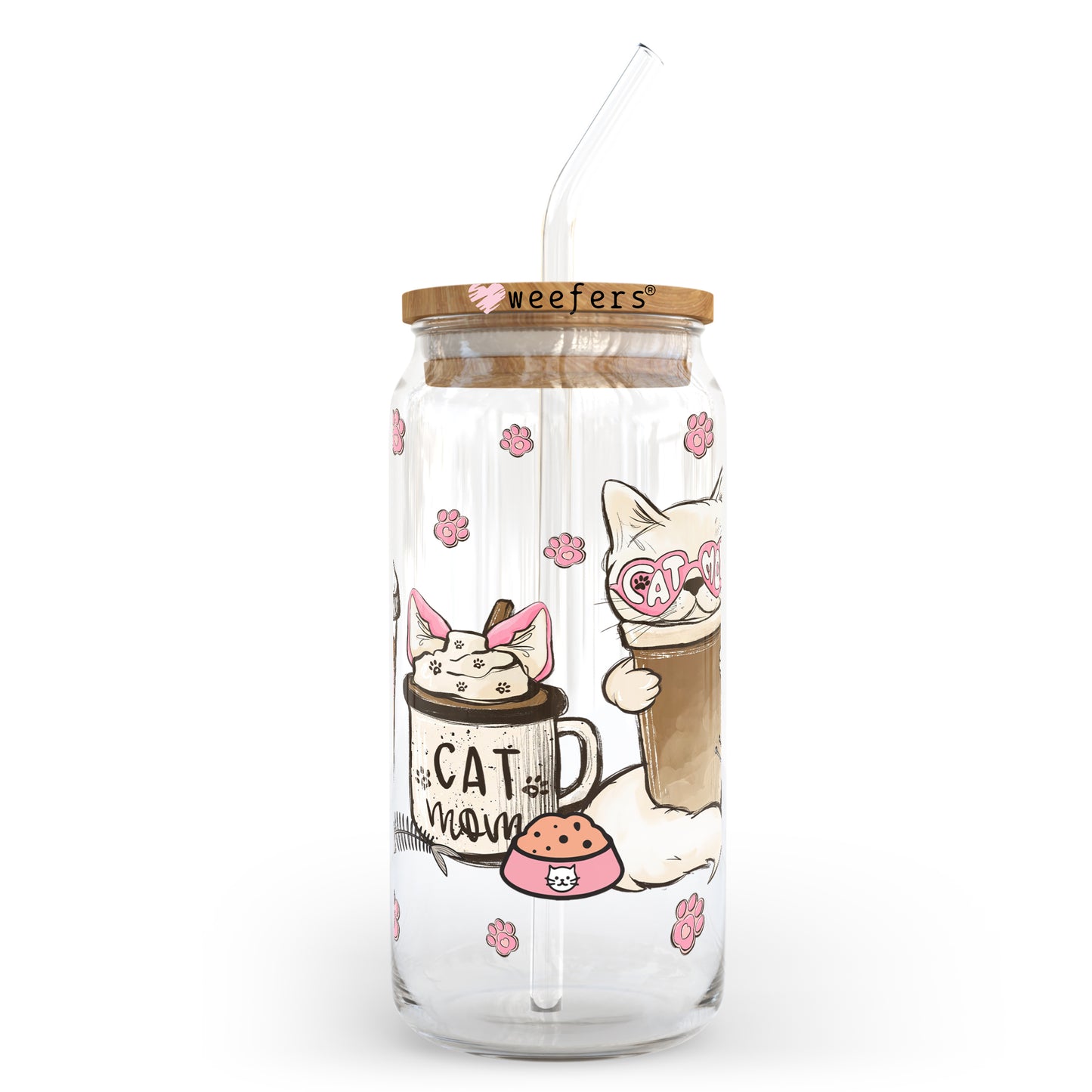 Pink Cat Mom Coffee Latte 20oz Libbey Glass Can, 34oz Hip Sip, 40oz Tumbler UV DTF or Sublimation Decal Transfer - Weefers